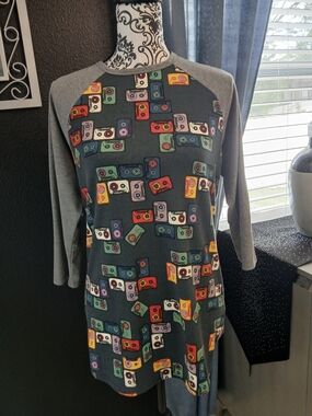 LuLaRoe Gray Raglan Tee with Colorful Retro Cassette Print